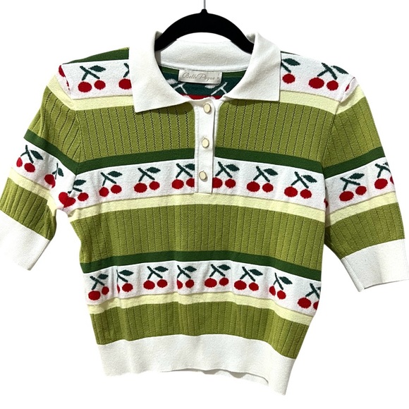 belle poque Sweaters - Belle Poque Vintage Cherry Stripe Short Sleeve Cropped Sweater Retro SZ S EUC